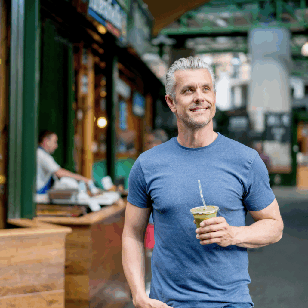 Zdrav i nasmijan muškarac u plavoj majici šeta gradom s čašom zelenog Herbalife shakea, simbolizirajući aktivan životni stil i uravnoteženu prehranu.