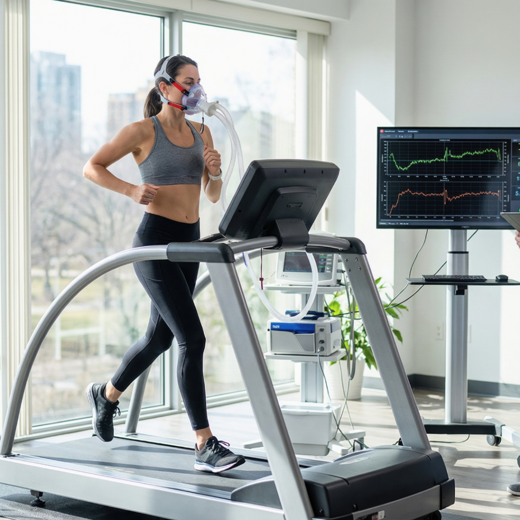 Testiranje VO₂max-a na traci za trčanje uz mjerenje potrošnje kisika kao pokazatelj biološke dobi, srčano-plućne kondicije i opće vitalnosti organizma.