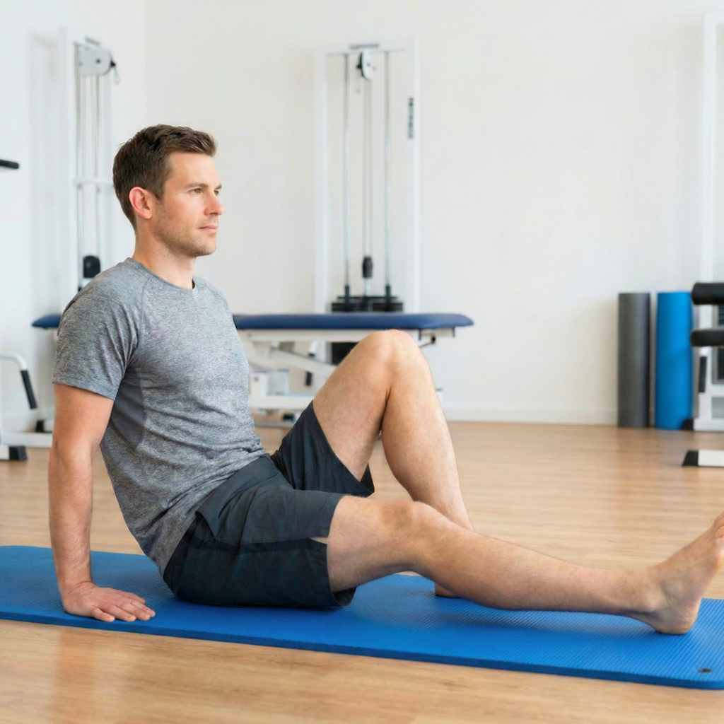 Muškarac izvodi rehabilitacijsku vježbu za koljeno u sjedećem položaju na podlozi, s jednom nogom ispruženom, a drugom savijenom, u fizioterapijskoj dvorani.