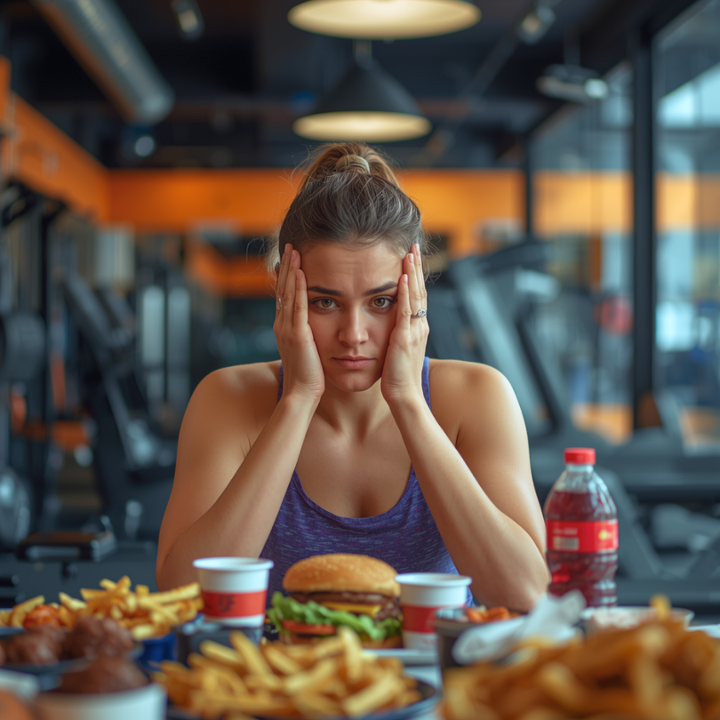 Žena u teretani zamišljeno sjedi ispred stola prepunog burgera, pomfrita i zaslađenih napitaka, što jasno prikazuje unutarnji sukob između uloženog truda na treningu i loših prehrambenih navika koje dugoročno mogu poništiti rezultate vježbanja.
